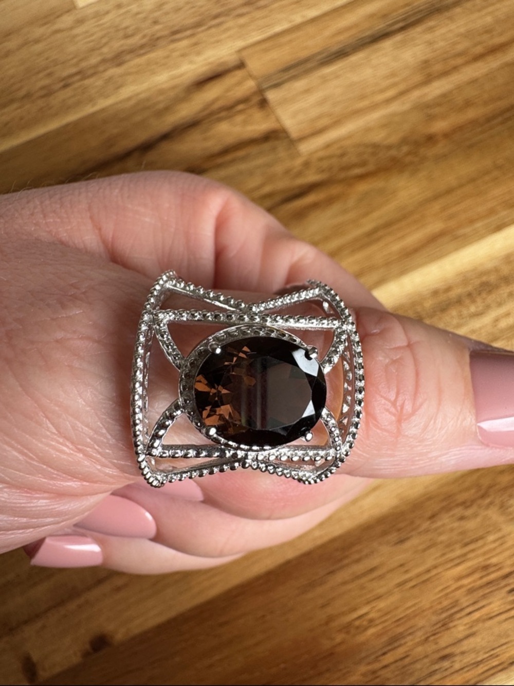 Elegant Silver-Tone Ring with Smoky Brown Gemstone